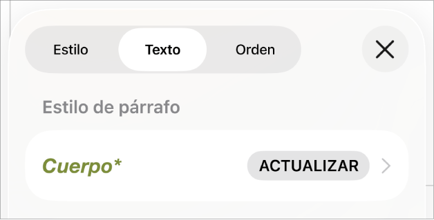 El estilo de párrafo Cuerpo con un asterisco al lado.