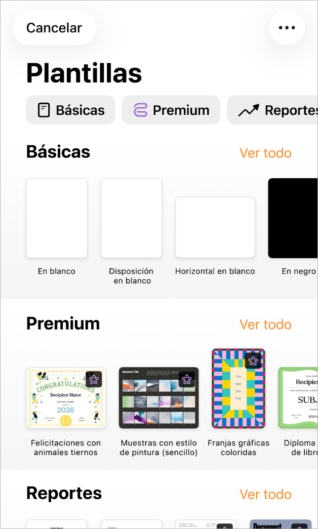 El selector de plantilla muestra una fila de categorías a lo largo de la parte superior en las que puedes tocar para filtrar las opciones. En la parte inferior, organizadas en filas por categoría, aparecen miniaturas de las plantillas prediseñadas, comenzando con las Nuevas en la parte superior y seguidas de las Recientes y Básicas. En la parte superior derecha de cada fila de categoría aparece un botón Ver todo. El botón Idioma y región se encuentra en la esquina superior derecha.