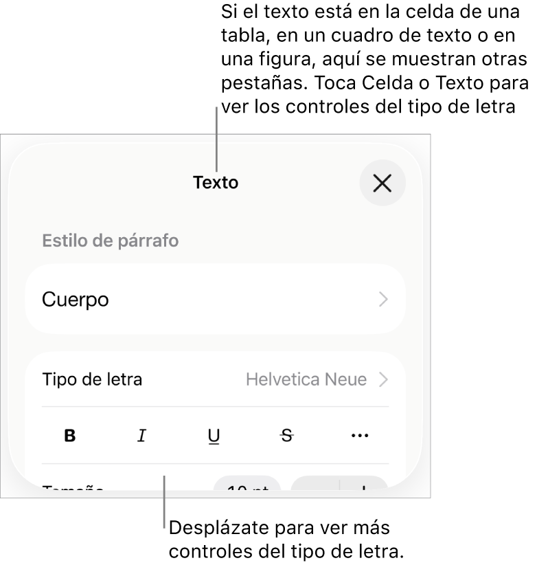 Controles de texto en el menú Formato para configurar los estilos de párrafo y carácter, tipo de letra, tamaño y color.