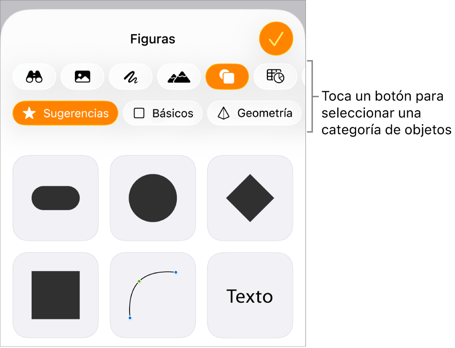 Los controles para agregar un objeto, con botones en la parte superior para seleccionar tablas, gráficas, figuras (líneas y cuadros de texto incluidos) y contenidos.