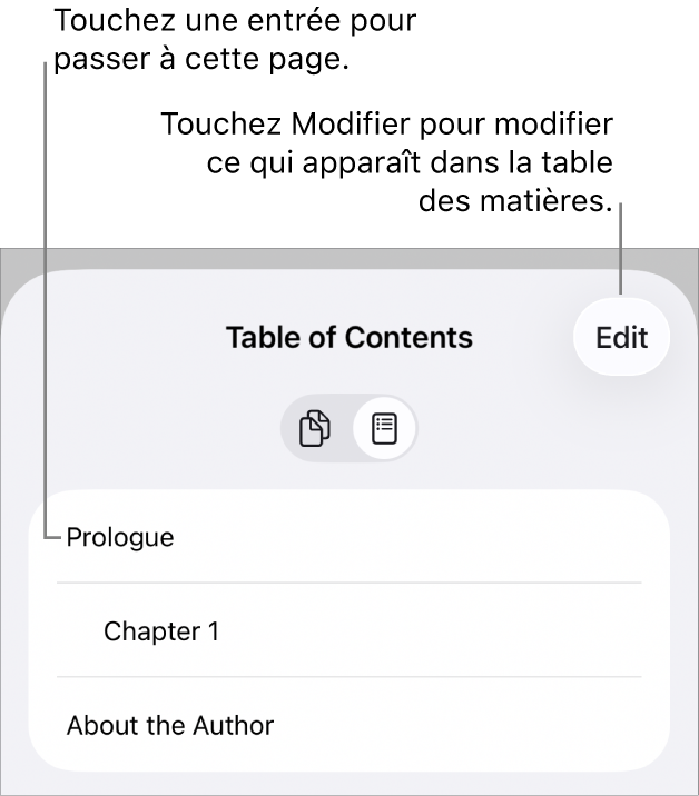 La présentation de la table des matières avec les titres sous forme de liste. Un bouton Modifier se trouve dans le coin supérieur droit. Les boutons Vignettes de page et Table des matières sont au bas de l’écran.