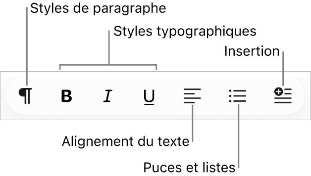 La barre des formats rapides qui présente des icônes pour les styles de paragraphes, les styles de caractères, l’alignement du texte, les puces et les listes ainsi que l’insertion d’éléments.