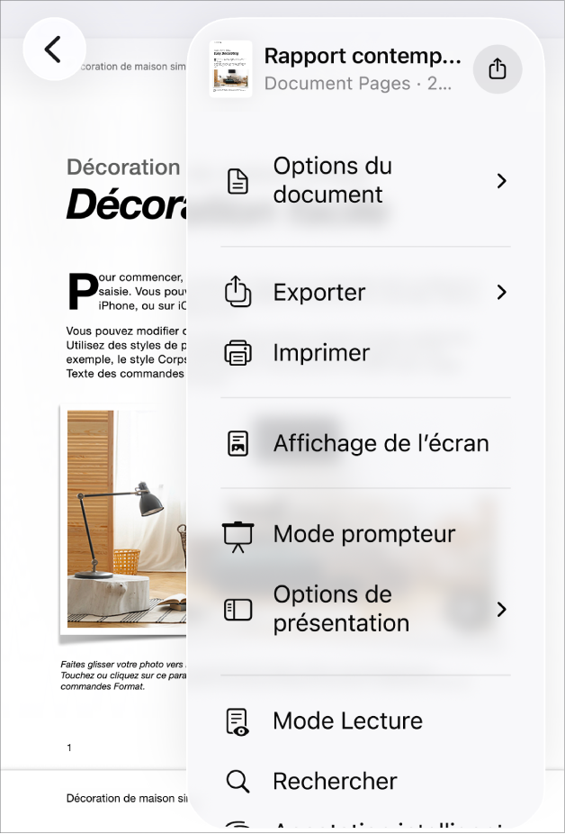 Le menu Partager est affiché, avec des options d’envoi en haut, au-dessus des options Copier, Exporter et envoyer, Imprimer, Nouvelle note rapide, Ajouter des tags et Enregistrer dans Fichiers.