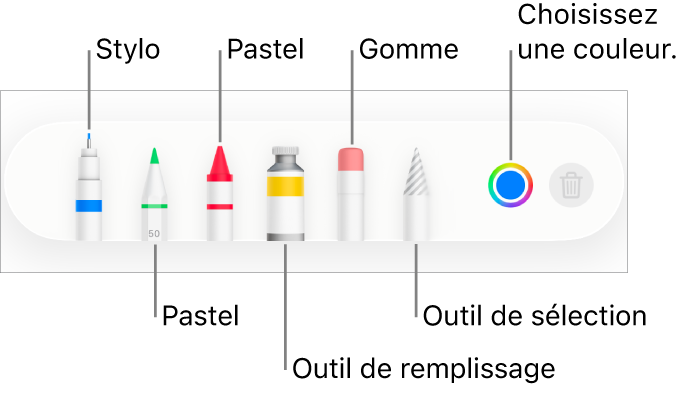 La barre d’outils de dessin dans Pages sur iPhone avec le stylo, le crayon, le pastel, l’outil de remplissage, la gomme, l’outil de sélection et le cadre de couleur indiquant la couleur actuelle.