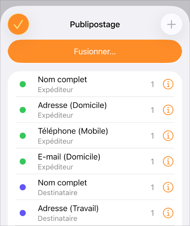 La liste des instances de champs de fusion dans le menu Publipostage.