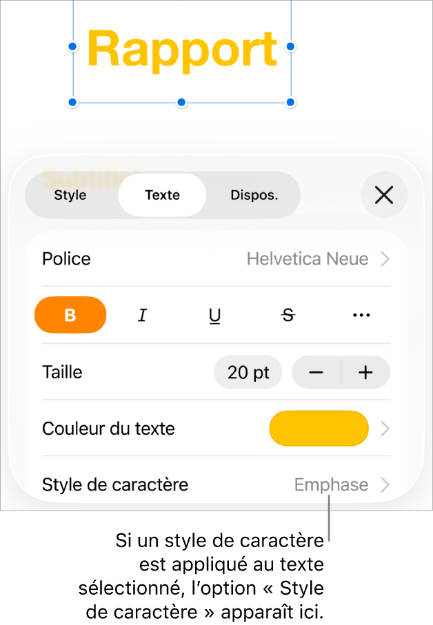 Commandes de mise en forme de texte avec Style de caractère au-dessous des commandes de couleur. Le style de caractère Aucun s’affiche avec un astérisque.
