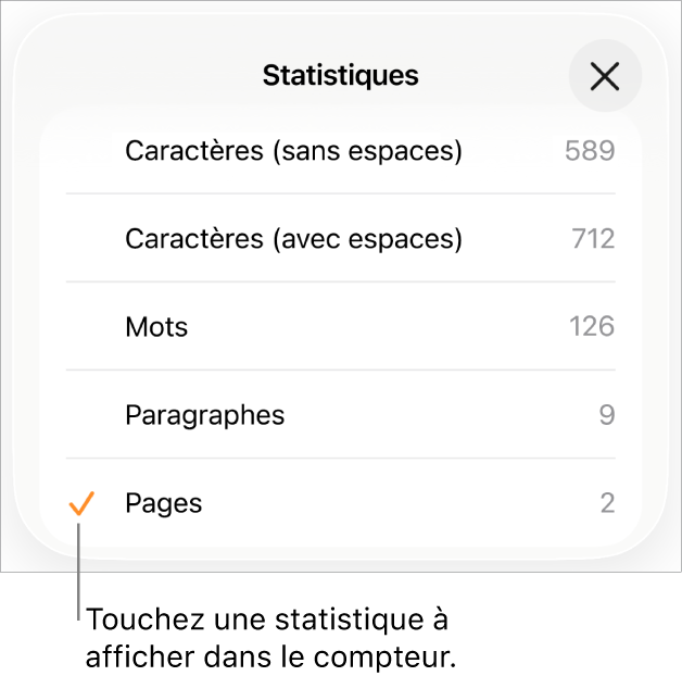 Le menu Statistiques montrant les options permettant d’afficher le nombre de caractères avec et sans espaces, le nombre de mots, le nombre de paragraphes et le nombre de pages.