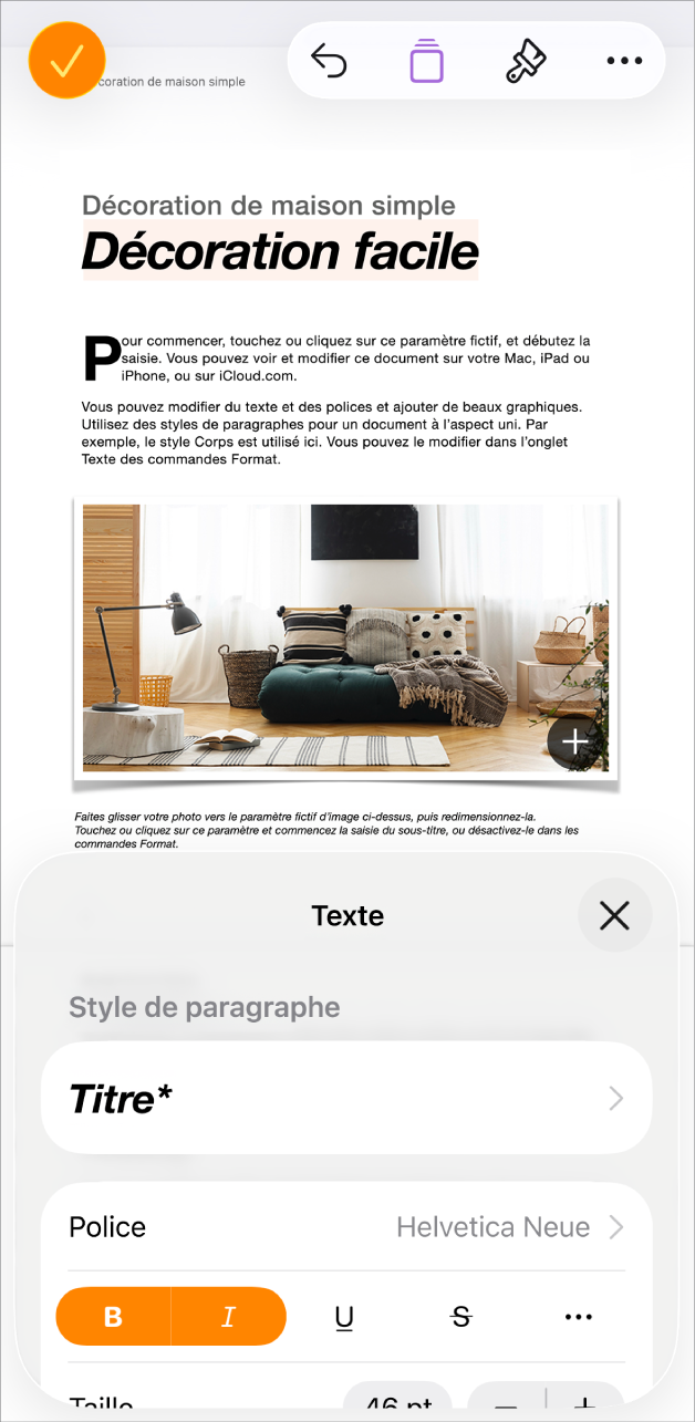 Dans un document ouvert, du texte est sélectionné et les options de texte sont affichées en bas.