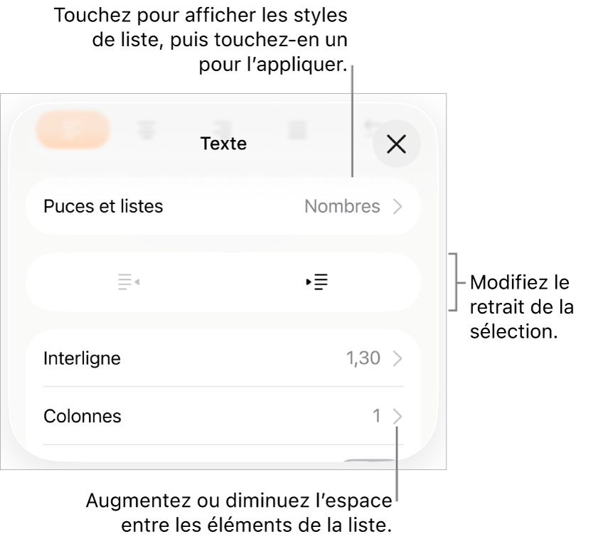 La section « Puces et listes » des commandes Format avec des légendes pour « Puces et listes », les boutons d’indentation et de suppression d’indentation et les commandes d’espacement entre les lignes.