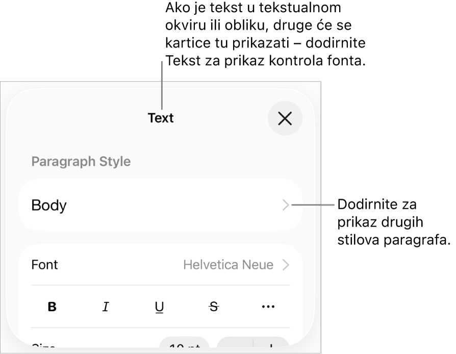 Izbornik Formatiraj s prikazom kontrola teksta za postavljanje paragrafa i stilova paragrafa, fonta, veličine i boje.