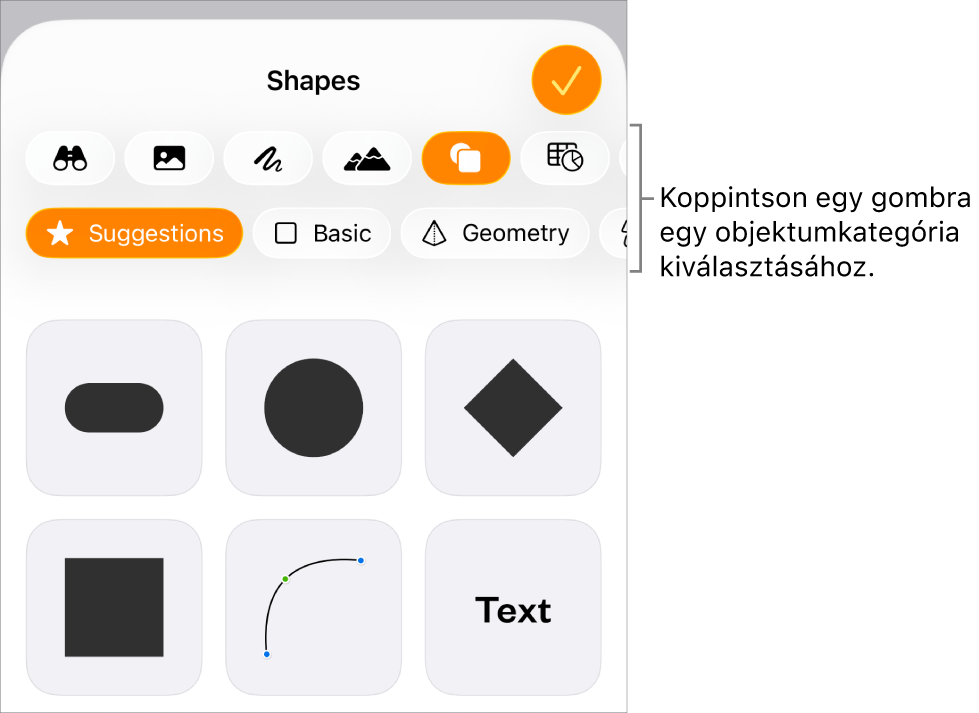 Az objektumok hozzáadására szolgáló vezérlők, felül a táblázatok, diagramok, alakzatok (vonalak és szövegmezők), valamint médiatartalmak kiválasztásához szükséges gombokkal.