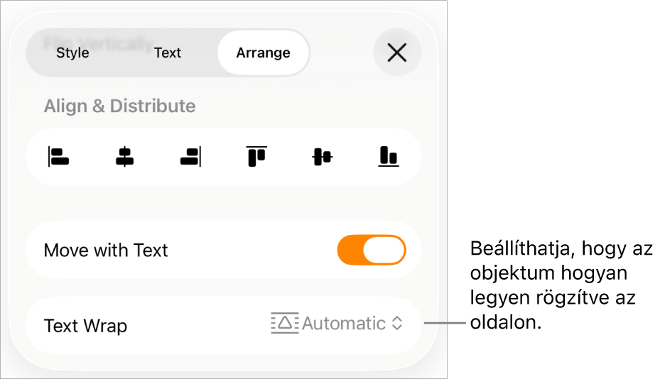 Az Elrendezés vezérlők a következőkkel: Mozgatás szöveggel és Szöveg tördelése.