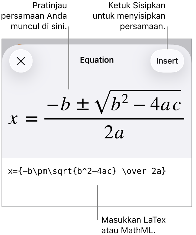 Dialog Persamaan, menampilkan sebuah persamaan ditulis menggunakan perintah MathML, dan pratinjau formula di atas.