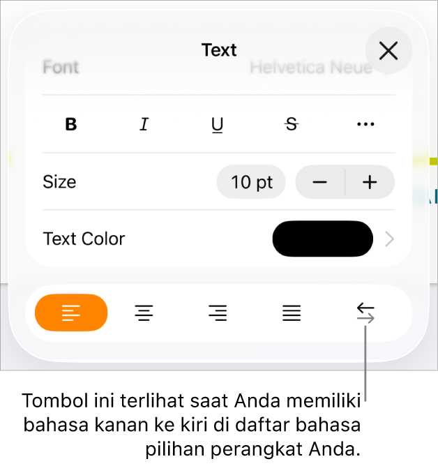 Kontrol teks di menu Format dengan keterangan yang menunjuk ke tombol Kanan ke Kiri.
