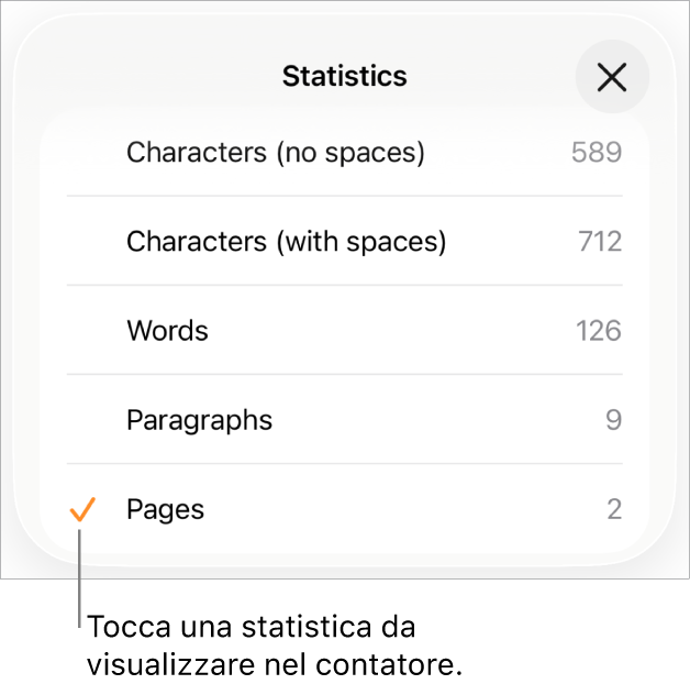 Il menu Statistiche con le opzioni per visualizzare il numero di caratteri con e senza spazi, il conteggio delle parole, il conteggio dei paragrafi e il conteggio delle pagine.