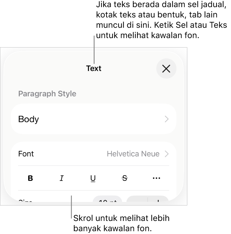 Kawalan teks dalam menu Format untuk mengesetkan perenggan dan gaya, fon, saiz dan warna aksara.