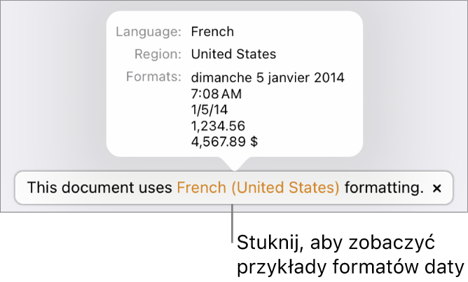 Powiadomienie o różnicy ustawień dotyczących języka i regionu, pokazujące przykłady formatowania używanego w wybranym języku i regionie.