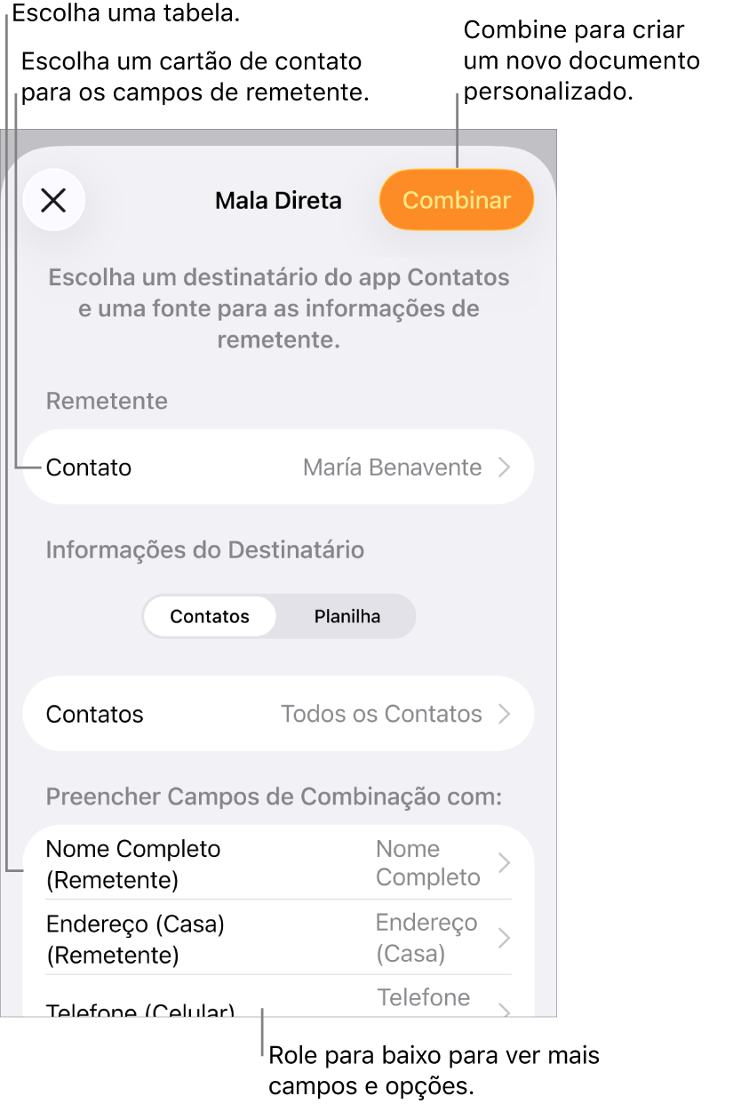Painel Mala Direta aberto, com opções para escolher as informações do remetente, alterar o arquivo ou tabela de origem, pré-visualizar os nomes dos campos de mala direta ou registros individuais, ou combinar o documento.