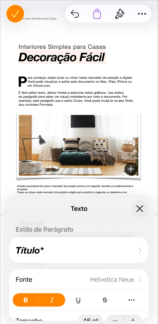 Em um documento aberto, o texto está selecionado e há opções de texto mostradas na parte inferior.