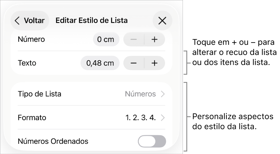 Menu Editar Estilo de Lista com controles para espaçamento de recuo, formato e tipo de lista, números ordenados e entrelinha.