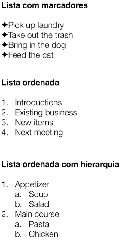 Exemplos de listas com marcadores, ordenadas e hierárquicas.