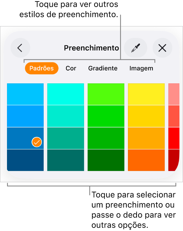 Opções de preenchimento na aba Estilo do botão Formatar.
