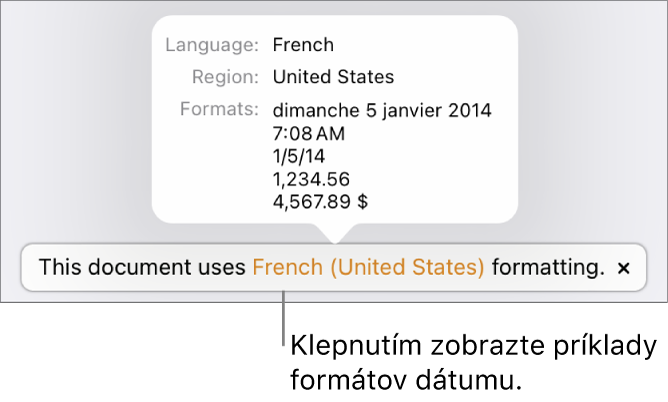 Hlásenie o inom jazyku a nastavení regiónu zobrazujúce príklady formátovania v danom jazyku a regióne.