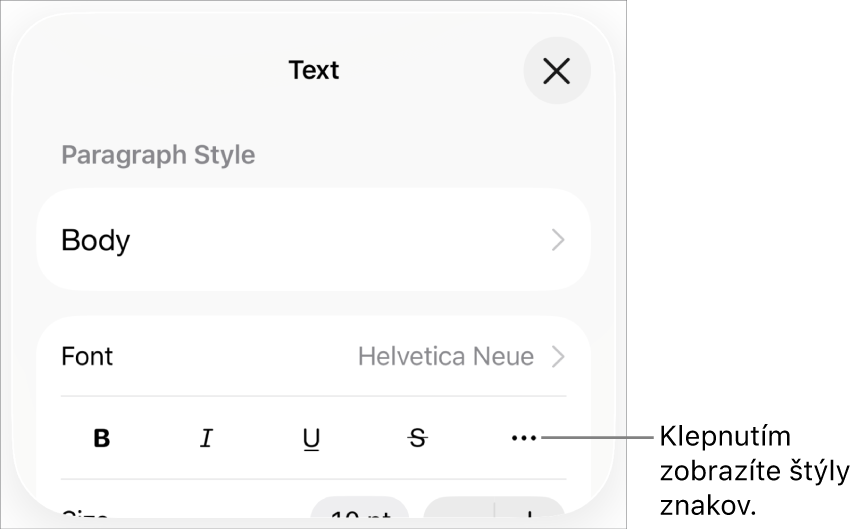 Ovládacie prvky Formát s tlačidlami Tučné, Kurzíva, Podčiarknutie, Prečiarknutie a Viac možností textu.
