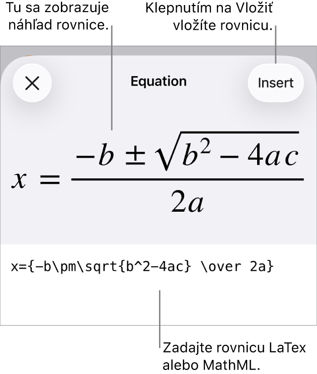 Dialógové okno Rovnica zobrazujúce rovnicu napísanú pomocou príkazov MathML, vyššie sa nachádza náhľad vzorca.