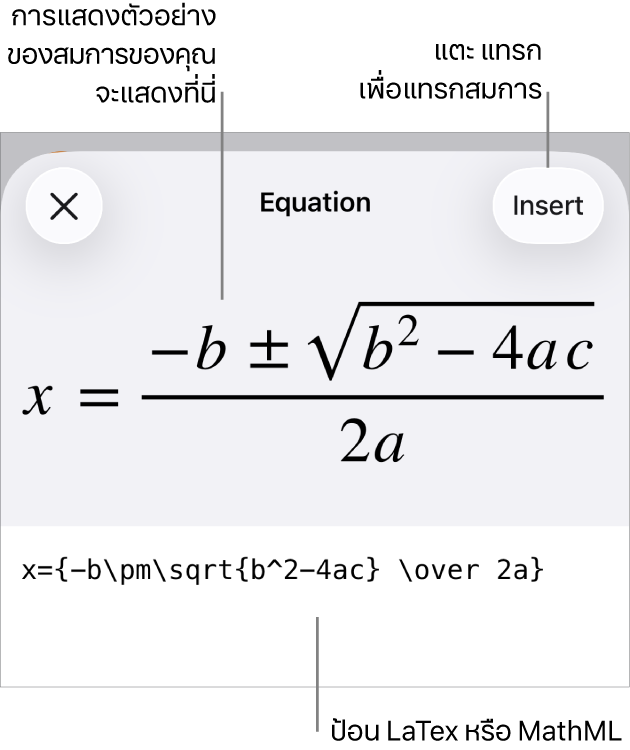 หน้าต่างโต้ตอบสมการ ที่แสดงสมการที่เขียนโดยใช้คำสั่ง MathML และการแสดงตัวอย่างของสูตรด้านบน