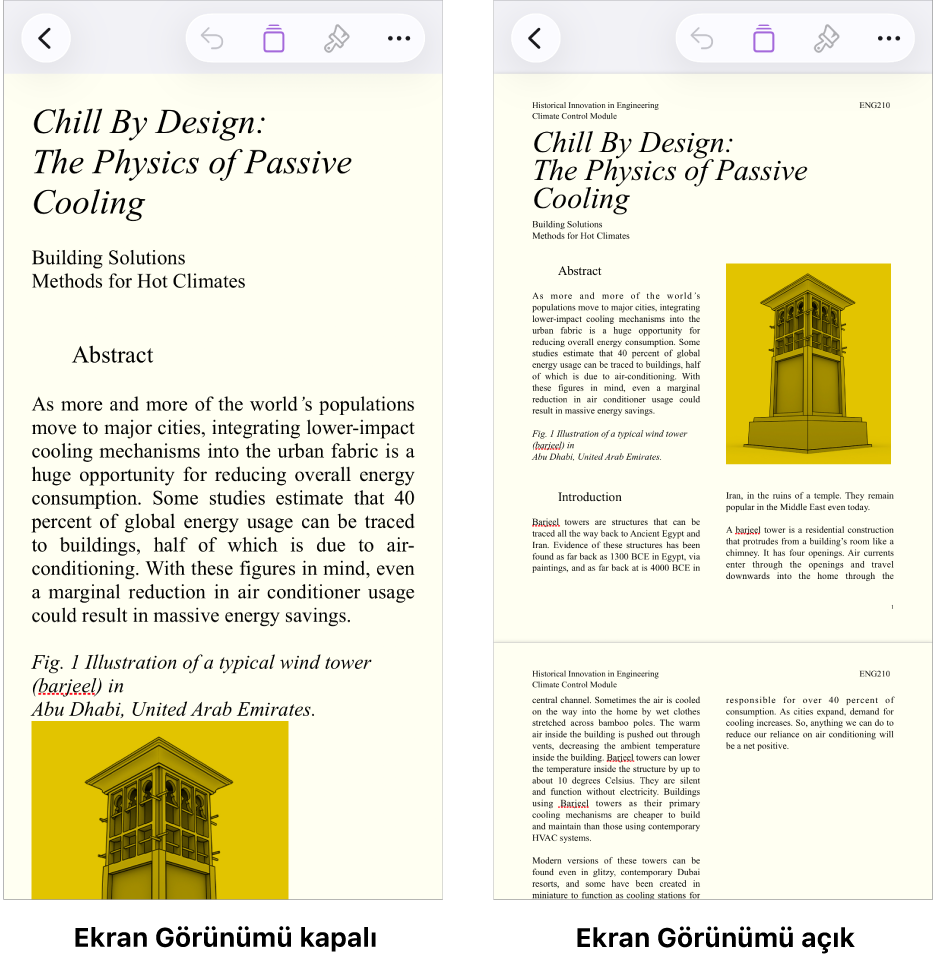 Aynı Pages belgesinin biri Ekran Görünümü açık ve biri Ekran Görünümü kapalı olarak iki görünümü. Ekran Görünümü’nün açık olduğu sürümde metin puntosu ekrana göre ayarlanır, sayfa sonları ve üst bilgiler gizlenir.
