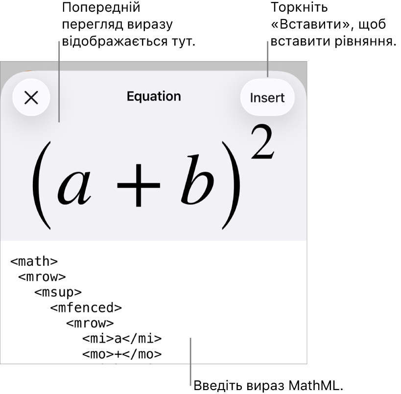 Діалогове вікно «Рівняння», у якому показано рівняння, написане за допомогою команд MathML, а також попередній перегляд формули вгорі.