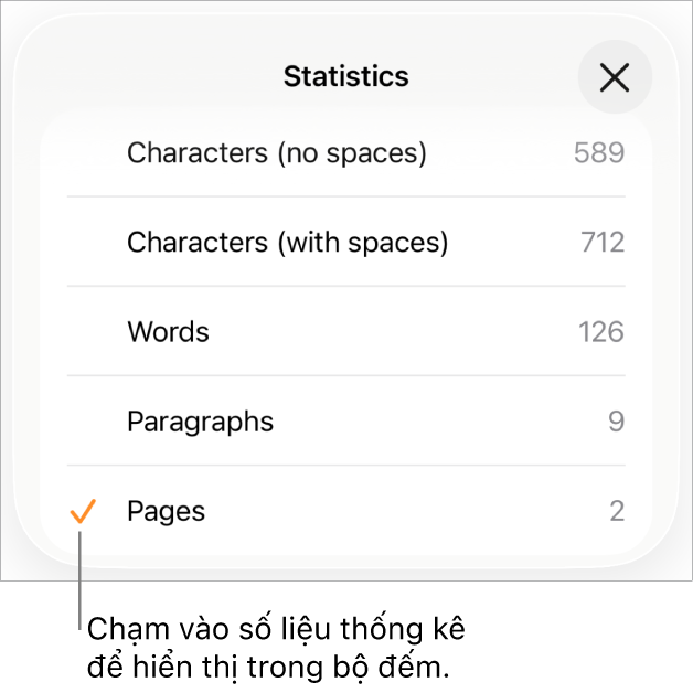 Menu Thống kê đang hiển thị các tùy chọn để hiển thị số lượng ký tự có và không có dấu cách, số từ, số đoạn và số trang.