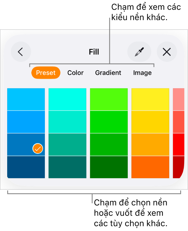 Các tùy chọn Nền trong tab Kiểu của nút Định dạng.