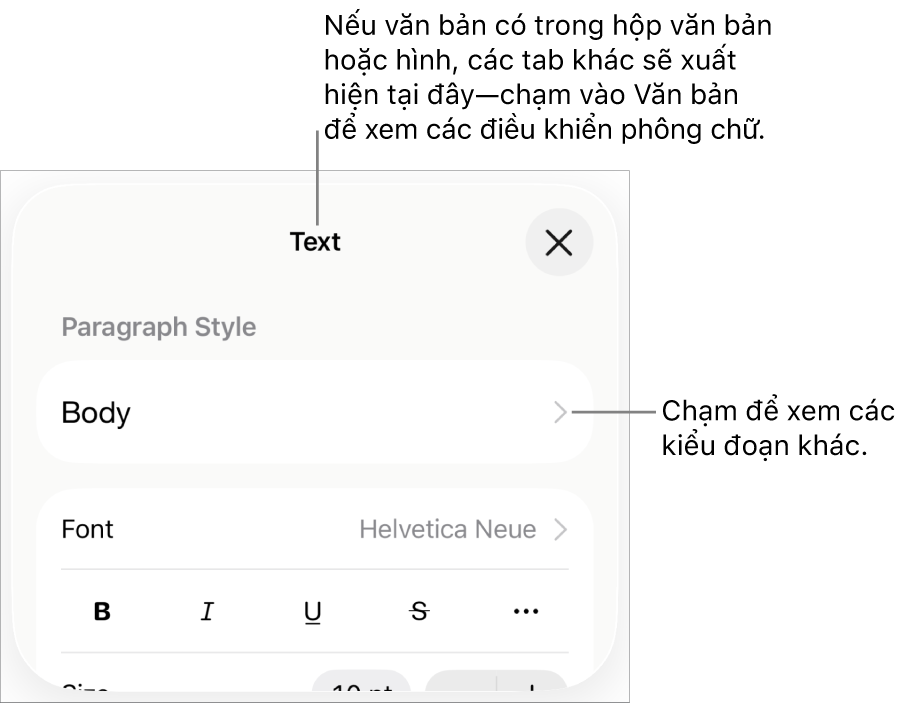 Menu Định dạng đang hiển thị các điều khiển văn bản để đặt kiểu, phông chữ, kích cỡ và màu của đoạn và ký tự.