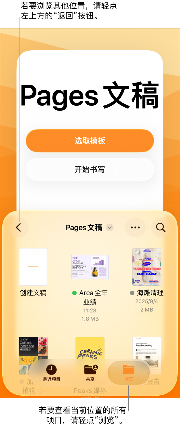 文稿管理器的浏览视图,“返回”按钮位于左上角,其下方是搜索栏。搜索栏下方是“创建文稿”按钮,位于现有文稿的缩略图旁边。右上角是“最近使用”、“共享”和“浏览”按钮。