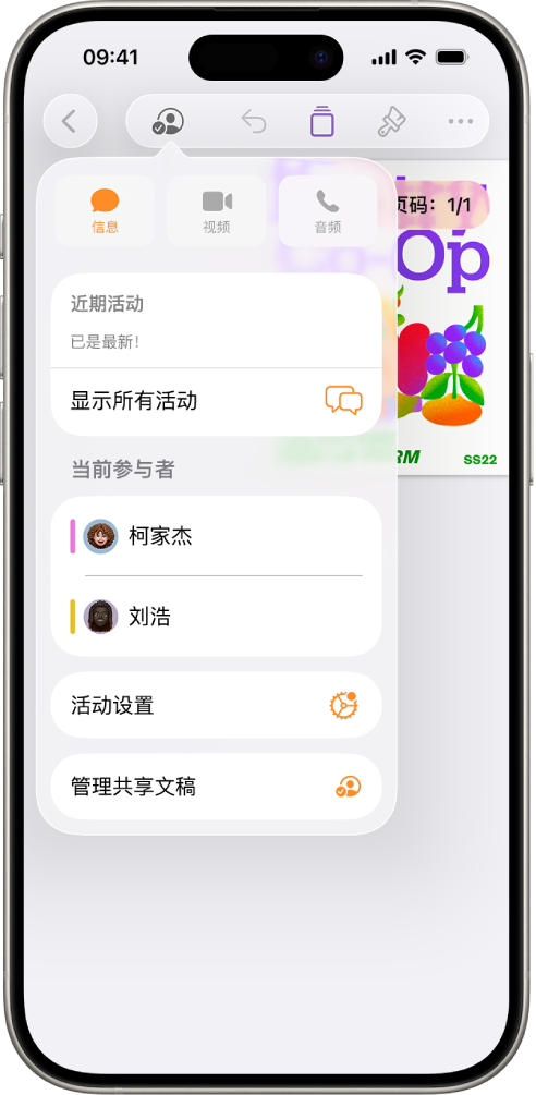 协作菜单，显示协作处理文稿的用户的名字。