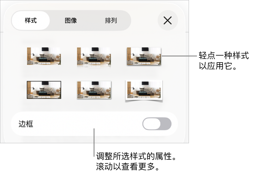 “格式”菜单中的“样式”标签，顶部为对象样式，样式下方为更改边框的控制。