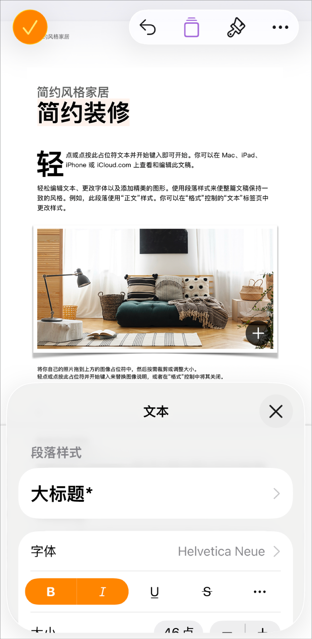 在打开的文稿中，文本被选中，文本选项显示在底部。