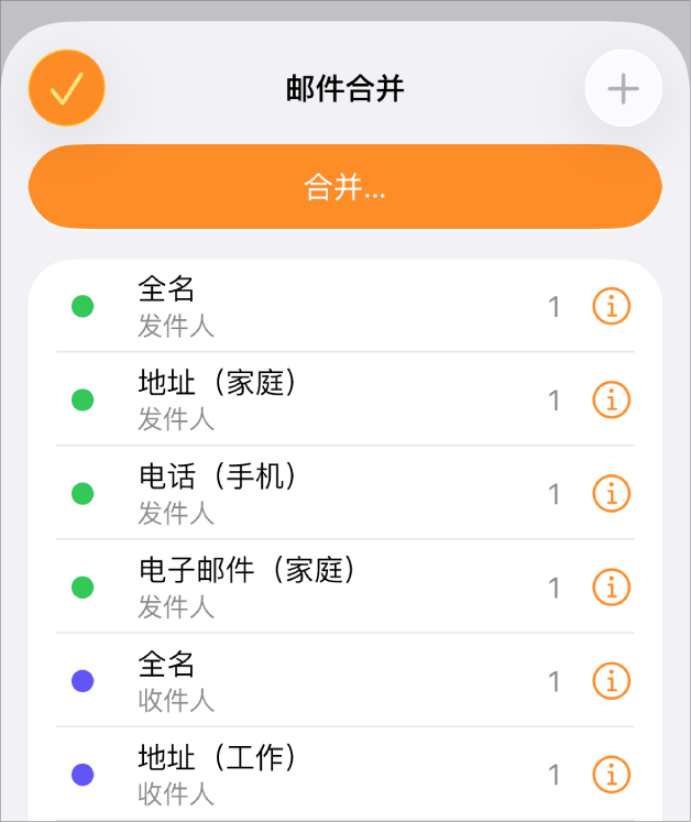 “邮件合并”菜单中列出的合并域实例。