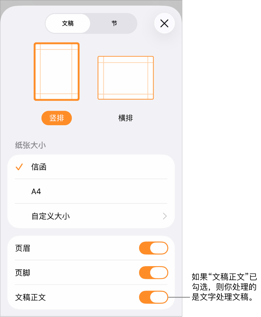 文字处理文稿中的“文稿设置”已打开，其中“文稿正文”已勾选。