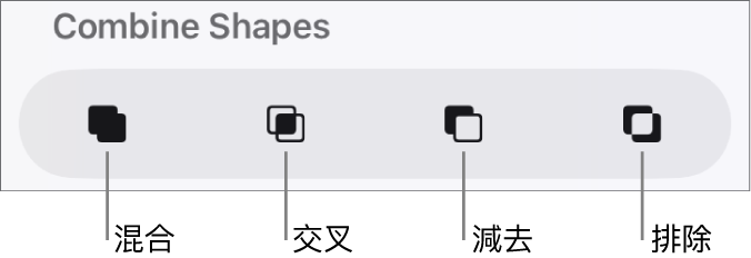 「混合」、「交叉」、「減去」和「排除」按鈕位於「合併形狀」下方。