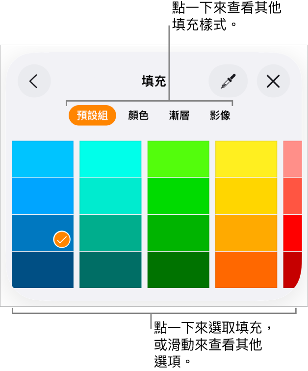 「格式」按鈕其「樣式」標籤頁中的填充選項。