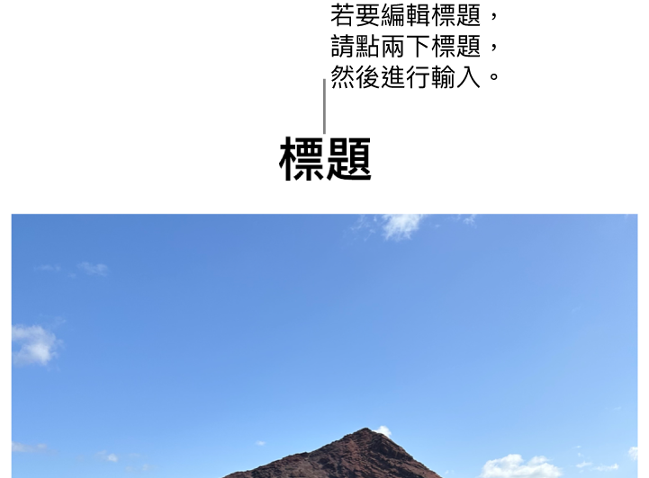 暫存區標題，「標題」顯示在照片下方，藍色外框環繞標題欄位顯示已選取。