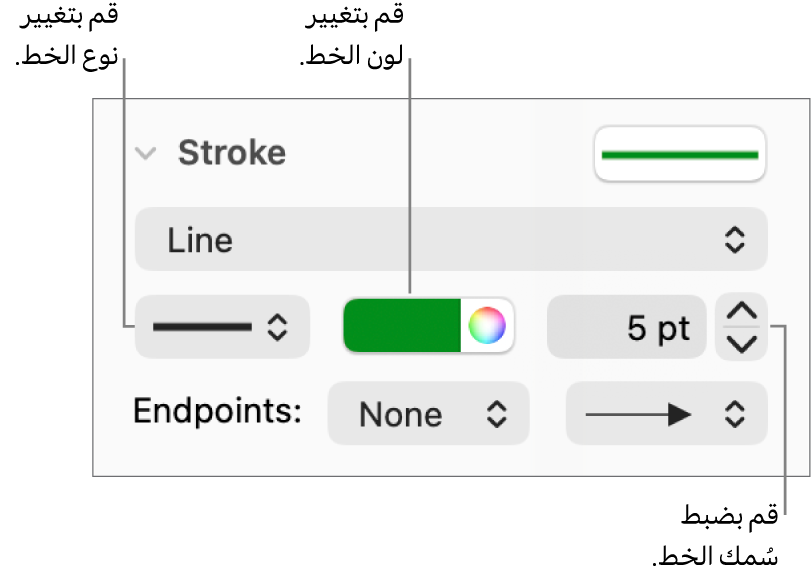 عناصر التحكم لإعداد نقاط النهاية، وسماكة الخط، واللون.