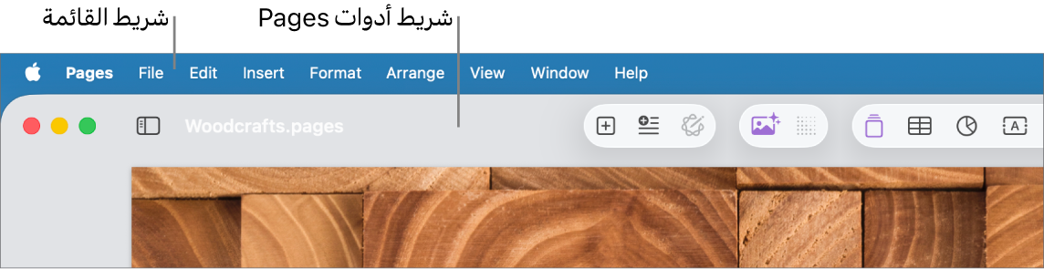 شريط القائمة في الجزء العلوي من الشاشة وبه قوائم Apple و Pages وملف وتعديل وإدراج وتنسيق وترتيب وعرض ونافذة ومساعدة. أسفل شريط القائمة يوجد مستند Pages مفتوح به أزرار شريط الأدوات على طول الجزء العلوي لكل من عرض وتكبير/تصغير وإضافة صفحة وإدراج وجدول ومخطط ونص وشكل ووسائط وتعليق ومشاركة وتنسيق.