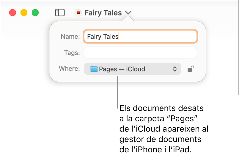 El quadre de diàleg “Desa” per a un document, amb “Pages - iCloud” al menú desplegable Ubicació.
