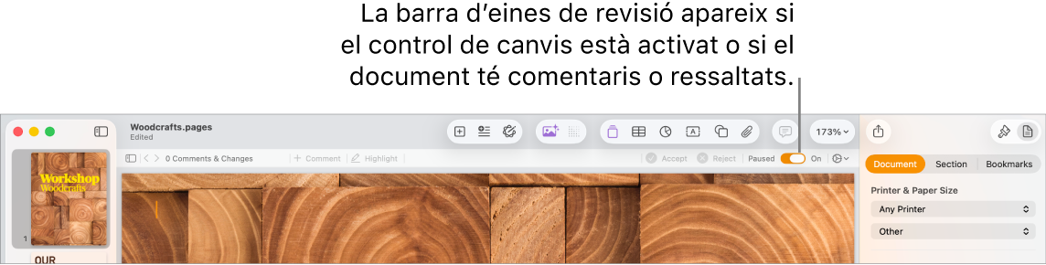 La barra d’eines del Pages amb el control de canvis activat i, a sota, la barra d’eines de revisió.