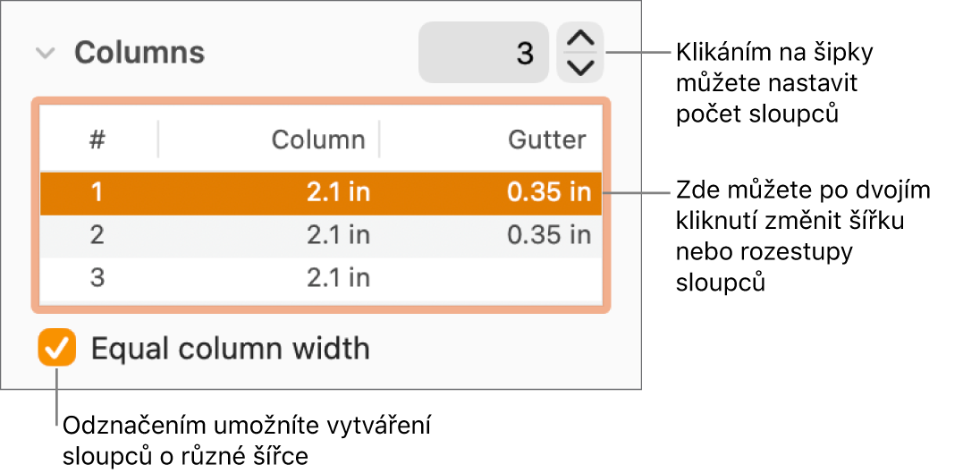 Panel Uspořádání v Inspektoru formátu s ovládacími prvky pro sloupce