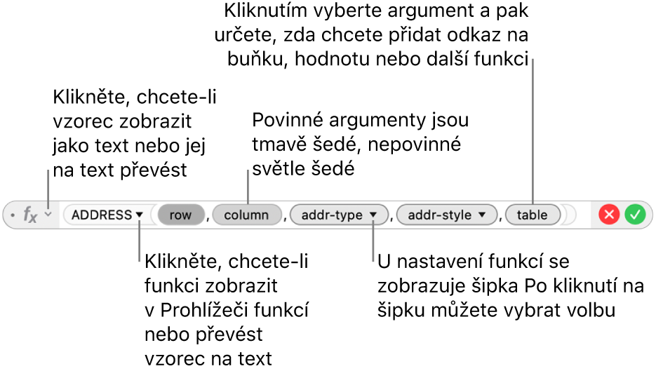 Editor vzorců s funkcí ADDRESS a tokeny jejích argumentů